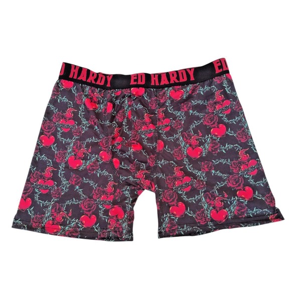 Ed Hardy Other - Ed Hardy Logo‎ Red Roses Heart Thorn Cotton Blend Front Pouch Boxers NWOT